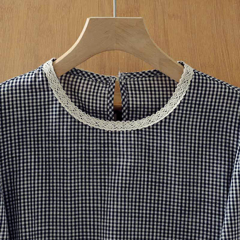 Buddha Stones Spring Fall Vintage Elegant Plaid Lace Trim Women's Long Sleeve T-Shirt - image 3