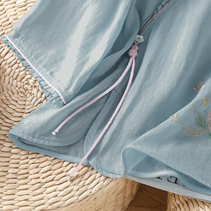 Buddha Stones Summer Tang Style Vintage Embroidery Floral Leaves Women's Elbow-Length Sleeve Shirts - image 23