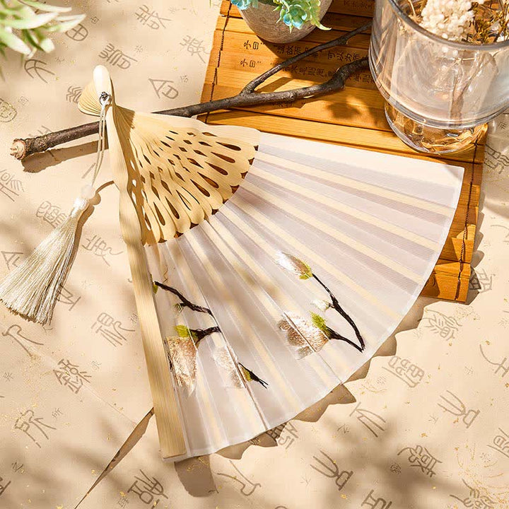 Buddha Stones Beige Magnolia Floral Elegant Bamboo Folding Fan 21 cm - image 3