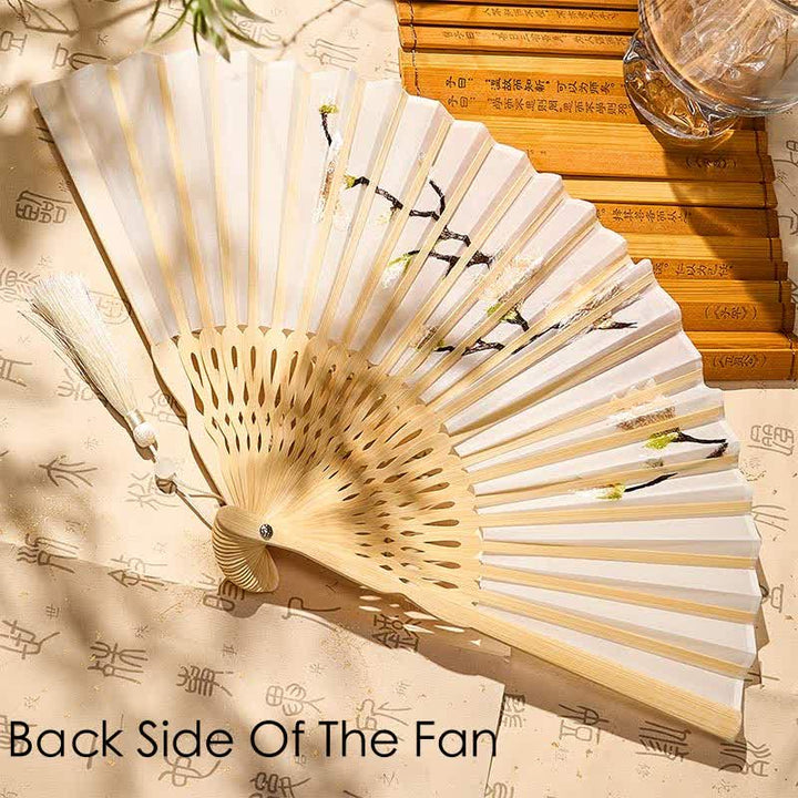 Buddha Stones Beige Magnolia Floral Elegant Bamboo Folding Fan 21 cm - image 2