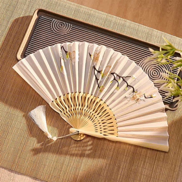 Buddha Stones Beige Magnolia Floral Elegant Bamboo Folding Fan 21 cm - image 4