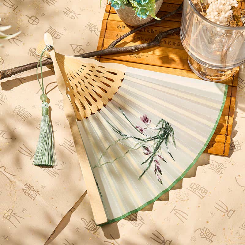 Buddha Stones Vintage Bamboo Orchid Willows Swallows Floral Pattern Growth Tassel Bamboo Folding Fan - image 9