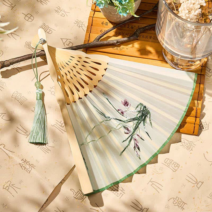 Buddha Stones Vintage Bamboo Orchid Willows Swallows Floral Pattern Growth Tassel Bamboo Folding Fan - image 9