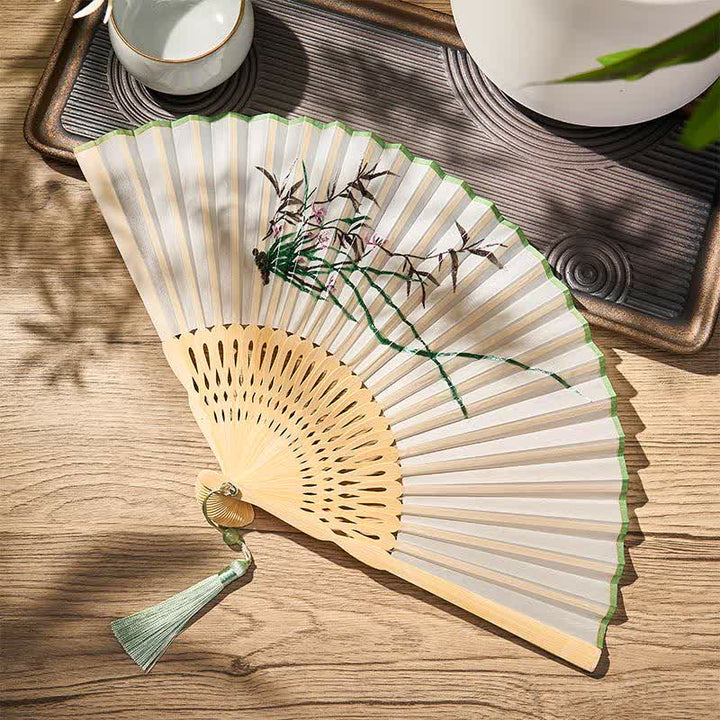 Buddha Stones Vintage Bamboo Orchid Willows Swallows Floral Pattern Growth Tassel Bamboo Folding Fan - image 16