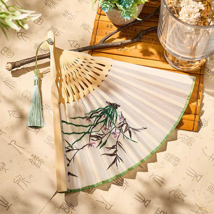 Buddha Stones Vintage Bamboo Orchid Willows Swallows Floral Pattern Growth Tassel Bamboo Folding Fan - image 15