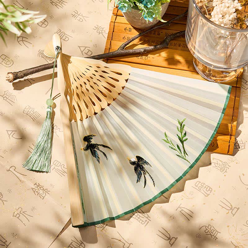 Buddha Stones Vintage Bamboo Orchid Willows Swallows Floral Pattern Growth Tassel Bamboo Folding Fan - image 3