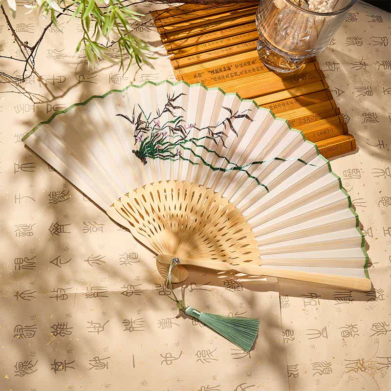 Buddha Stones Vintage Bamboo Orchid Willows Swallows Floral Pattern Growth Tassel Bamboo Folding Fan - Purple Orchids Bamboo(Closed Size: Approx. 21 cm / 8.3 in) - image 12