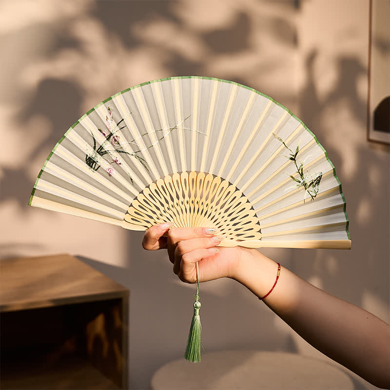 Buddha Stones Vintage Bamboo Orchid Willows Swallows Floral Pattern Growth Tassel Bamboo Folding Fan - image 7