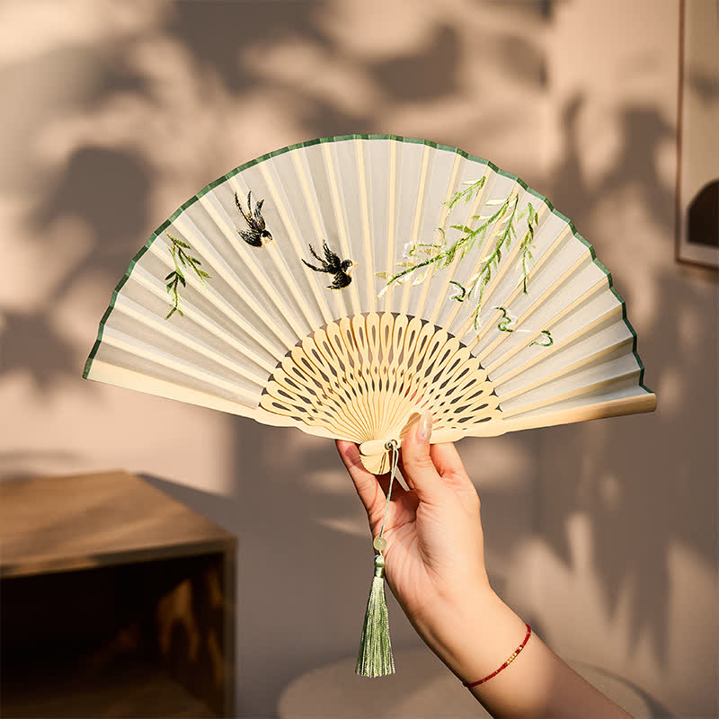 Buddha Stones Vintage Bamboo Orchid Willows Swallows Floral Pattern Growth Tassel Bamboo Folding Fan - image 1