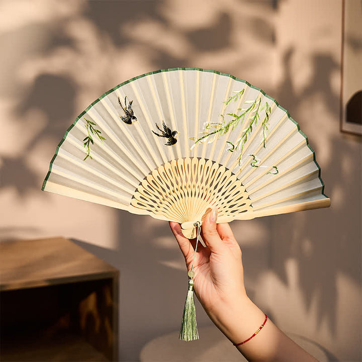 Buddha Stones Vintage Bamboo Orchid Willows Swallows Floral Pattern Growth Tassel Bamboo Folding Fan - image 1
