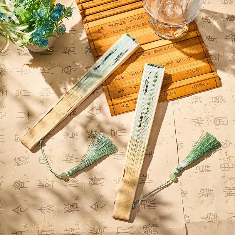 Buddha Stones Vintage Bamboo Orchid Willows Swallows Floral Pattern Growth Tassel Bamboo Folding Fan - image 18