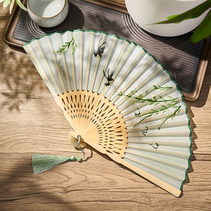 Buddha Stones Vintage Bamboo Orchid Willows Swallows Floral Pattern Growth Tassel Bamboo Folding Fan - image 4