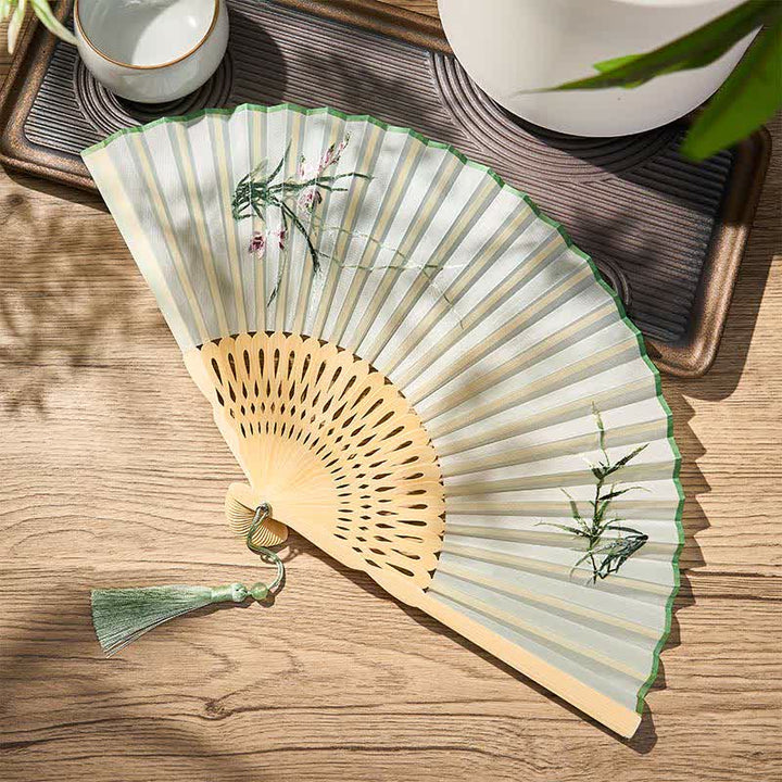 Buddha Stones Vintage Bamboo Orchid Willows Swallows Floral Pattern Growth Tassel Bamboo Folding Fan - image 10