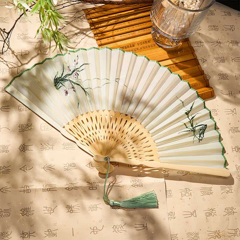 Buddha Stones Vintage Bamboo Orchid Willows Swallows Floral Pattern Growth Tassel Bamboo Folding Fan - Bamboo Orchid(Closed Size: Approx. 21 cm / 8.3 in) - image 6