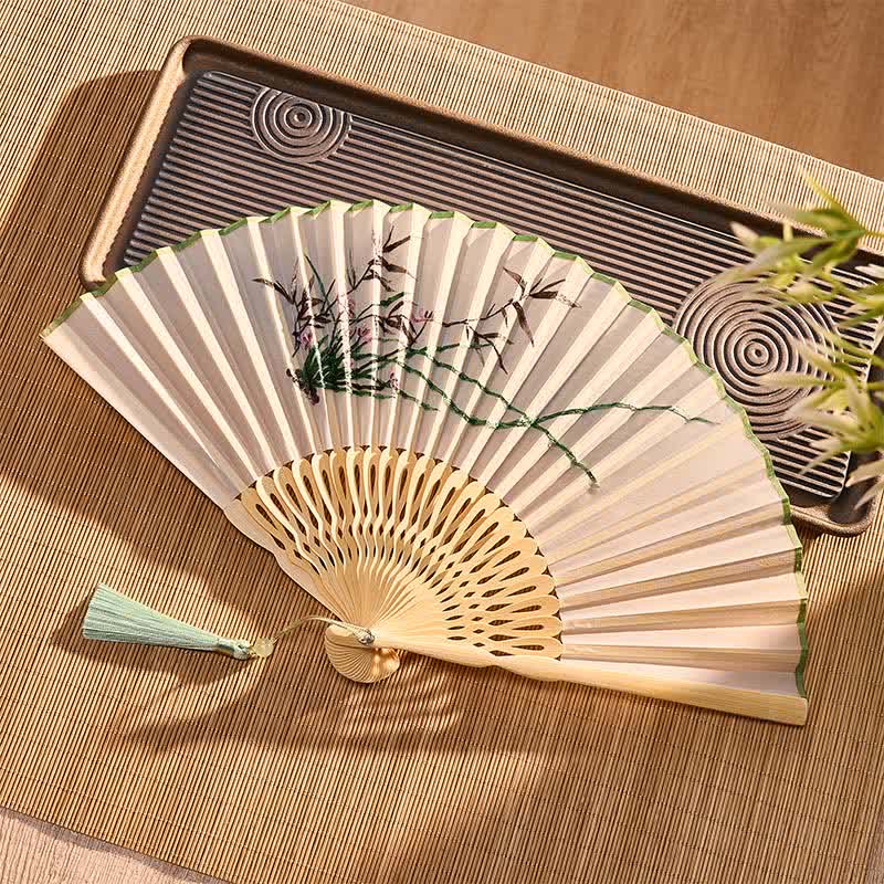 Buddha Stones Vintage Bamboo Orchid Willows Swallows Floral Pattern Growth Tassel Bamboo Folding Fan - image 17