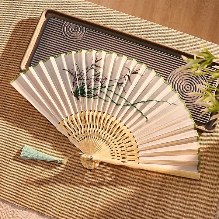 Buddha Stones Vintage Bamboo Orchid Willows Swallows Floral Pattern Growth Tassel Bamboo Folding Fan - image 17