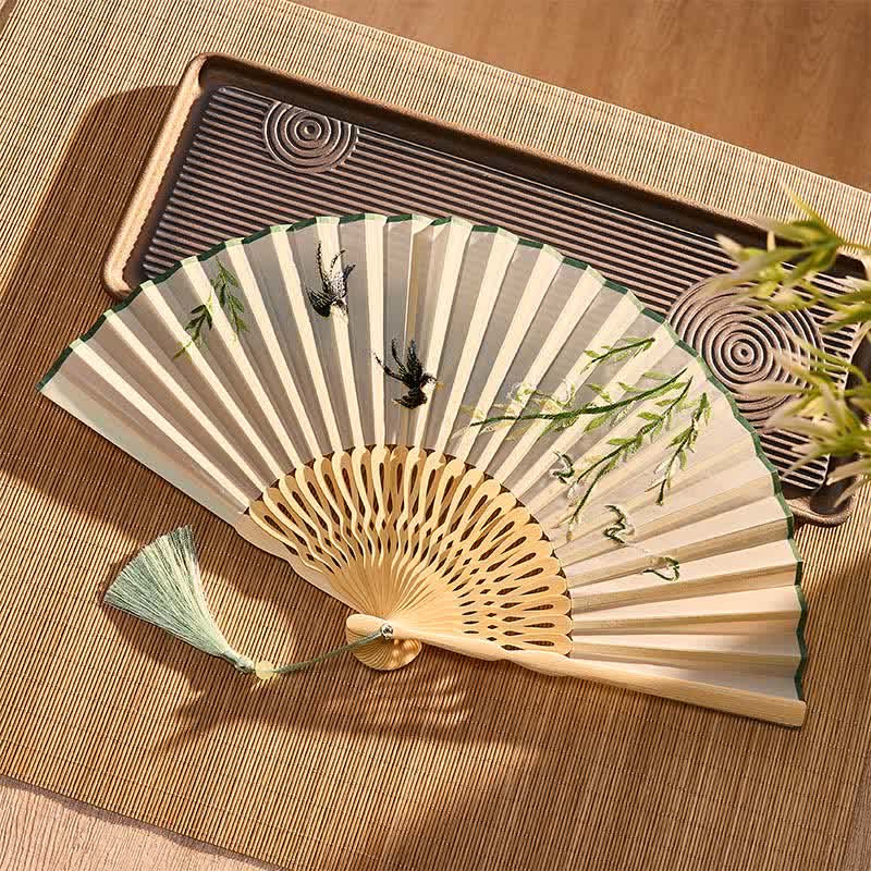 Buddha Stones Vintage Bamboo Orchid Willows Swallows Floral Pattern Growth Tassel Bamboo Folding Fan - image 5