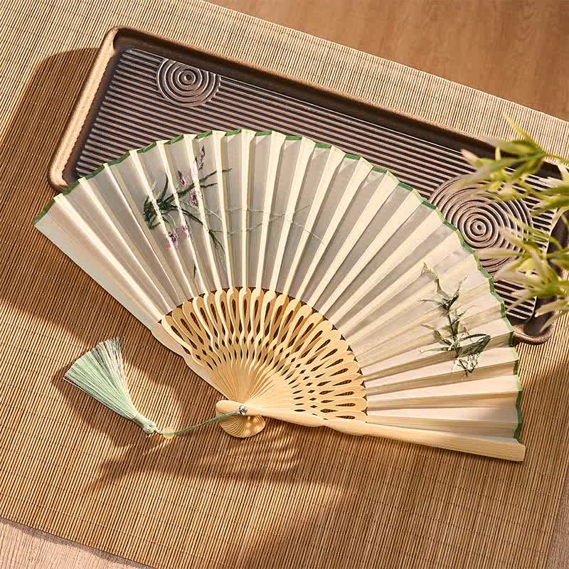 Buddha Stones Vintage Bamboo Orchid Willows Swallows Floral Pattern Growth Tassel Bamboo Folding Fan - image 11