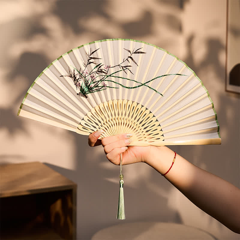 Buddha Stones Vintage Bamboo Orchid Willows Swallows Floral Pattern Growth Tassel Bamboo Folding Fan - image 13