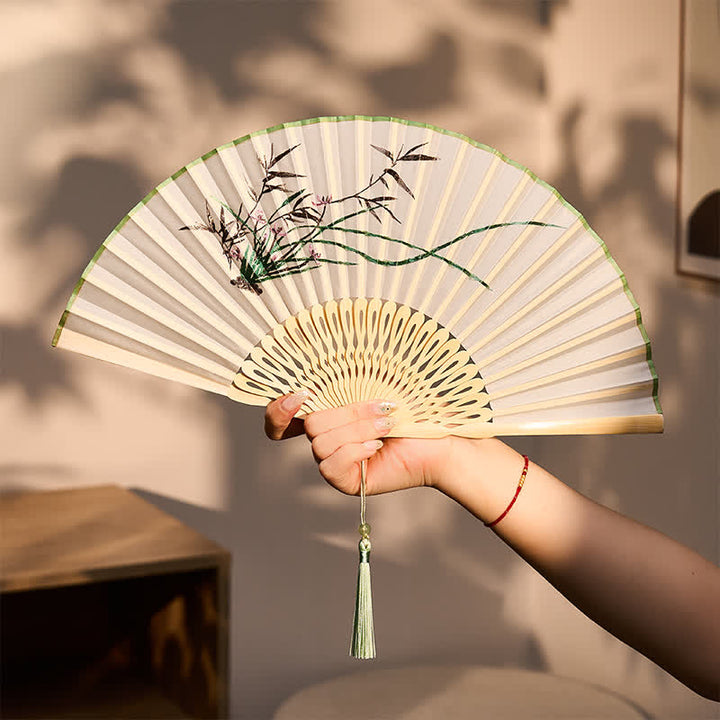 Buddha Stones Vintage Bamboo Orchid Willows Swallows Floral Pattern Growth Tassel Bamboo Folding Fan - image 13