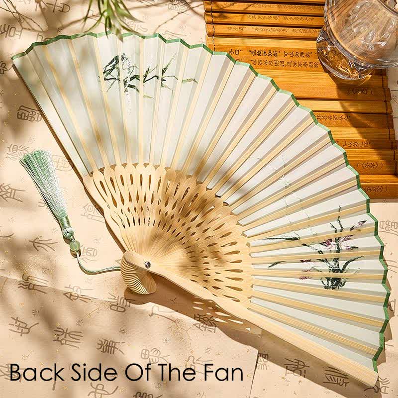 Buddha Stones Vintage Bamboo Orchid Willows Swallows Floral Pattern Growth Tassel Bamboo Folding Fan - image 8