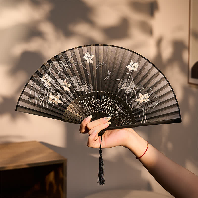 Buddha Stones Lotus Leaves Dragonfly Purity Bamboo Folding Fan 21 cm - image 6