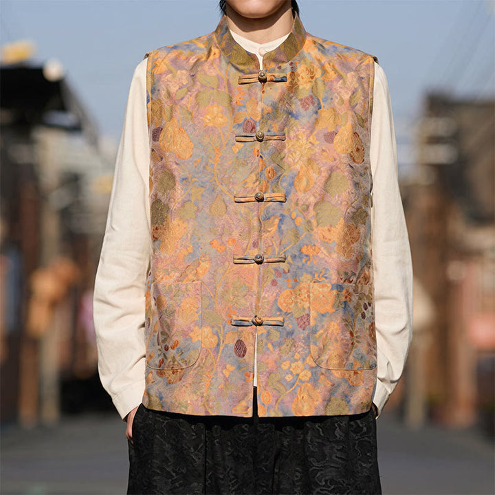 Buddha Stones Spring Summer Fall Tang Style Vintage Mandarin Collar Frog Button Floral Men's Vests With Pockets - BurlyWood - US/UK/AU46，EU56 (5XL) - image 0