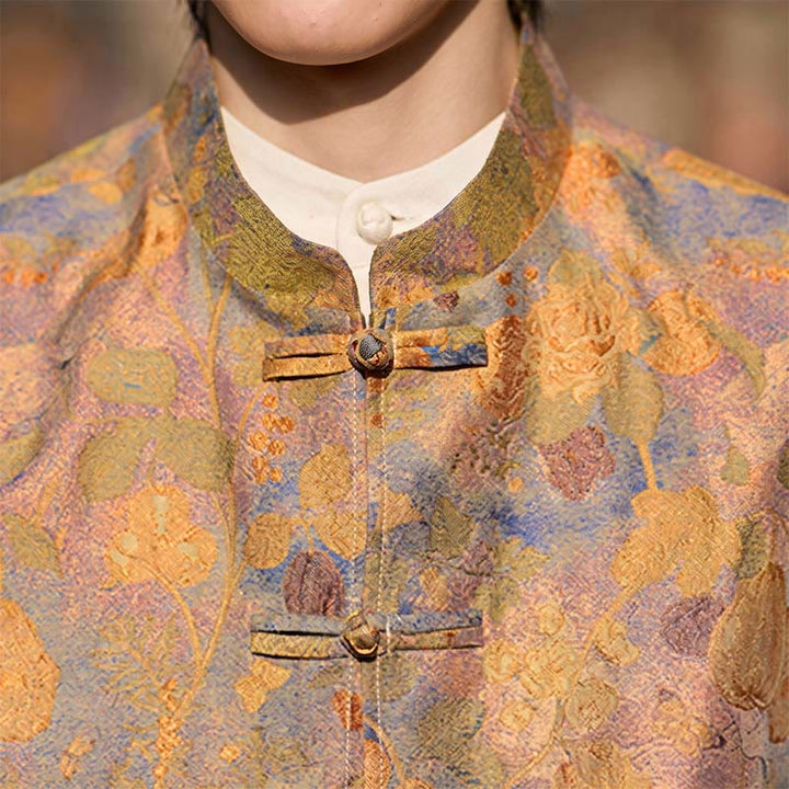 Buddha Stones Spring Summer Fall Tang Style Vintage Mandarin Collar Frog Button Floral Men's Vests With Pockets - image 10