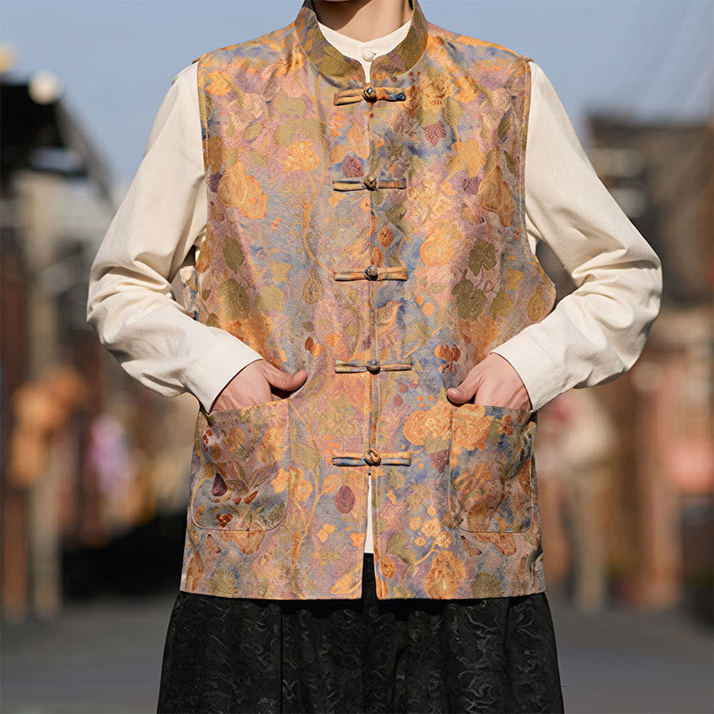 Buddha Stones Spring Summer Fall Tang Style Vintage Mandarin Collar Frog Button Floral Men's Vests With Pockets - image 5
