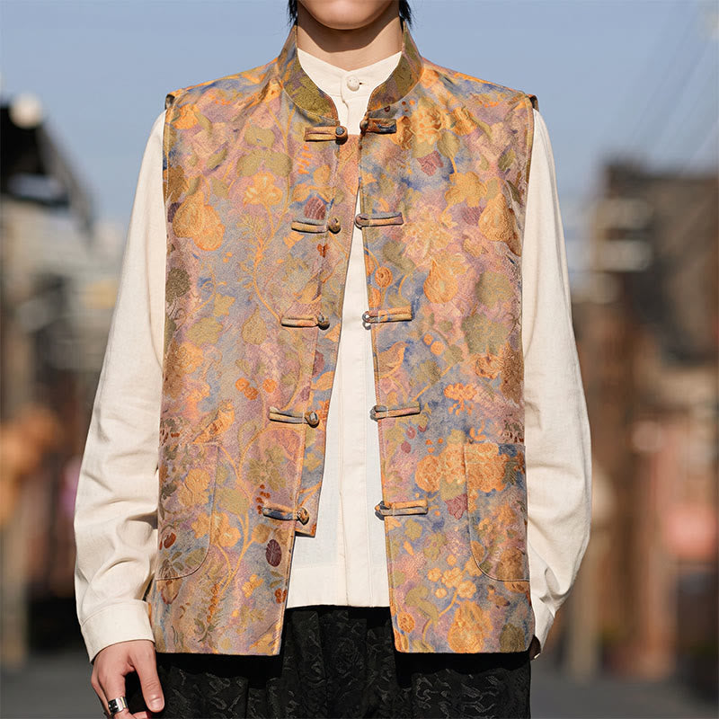 Buddha Stones Spring Summer Fall Tang Style Vintage Mandarin Collar Frog Button Floral Men's Vests With Pockets - image 7