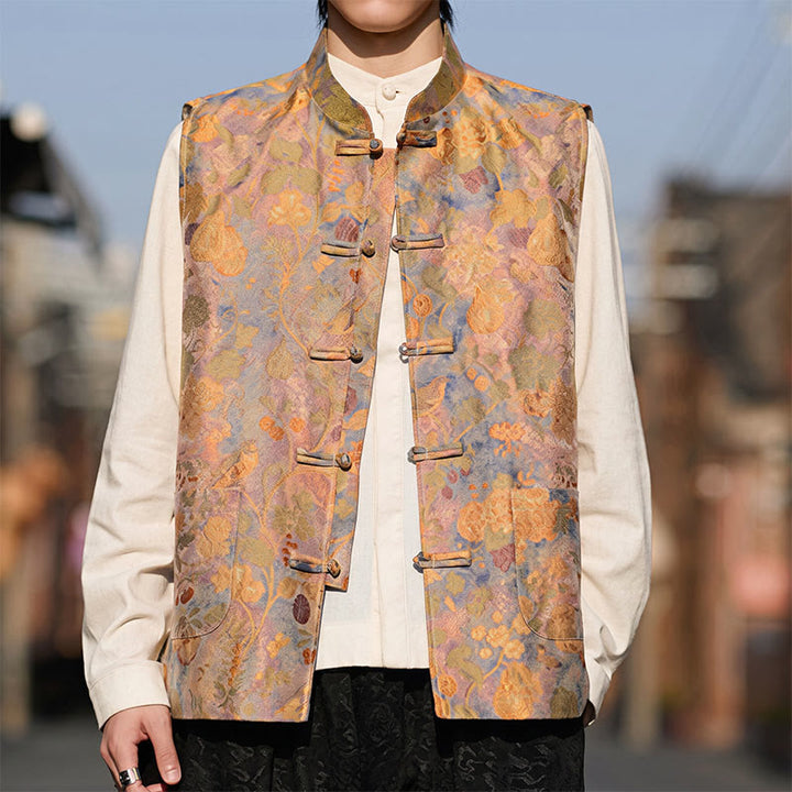 Buddha Stones Spring Summer Fall Tang Style Vintage Mandarin Collar Frog Button Floral Men's Vests With Pockets - image 7