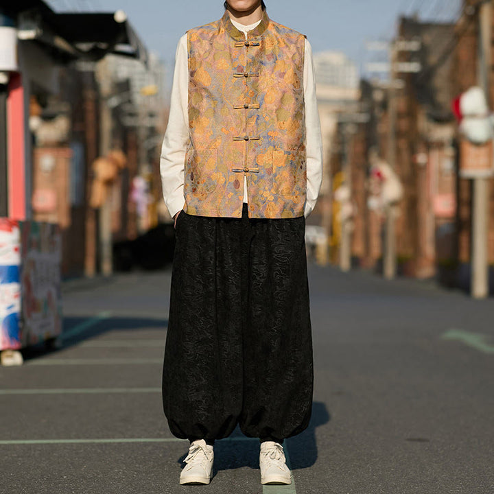 Buddha Stones Spring Summer Fall Tang Style Vintage Mandarin Collar Frog Button Floral Men's Vests With Pockets - image 9