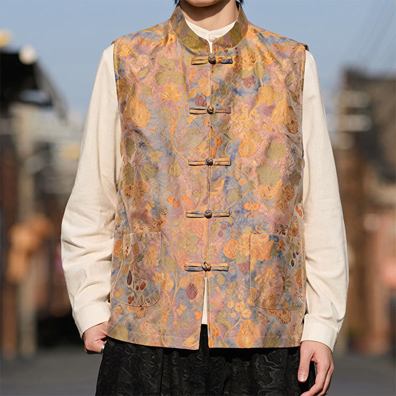 Buddha Stones Spring Summer Fall Tang Style Vintage Mandarin Collar Frog Button Floral Men's Vests With Pockets - image 1
