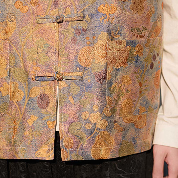 Buddha Stones Spring Summer Fall Tang Style Vintage Mandarin Collar Frog Button Floral Men's Vests With Pockets - image 11