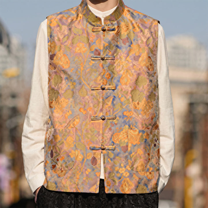 Buddha Stones Spring Summer Fall Tang Style Vintage Mandarin Collar Frog Button Floral Men's Vests With Pockets - image 2