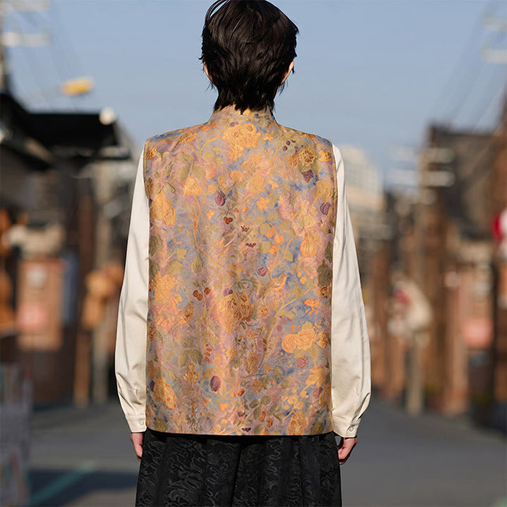 Buddha Stones Spring Summer Fall Tang Style Vintage Mandarin Collar Frog Button Floral Men's Vests With Pockets - image 8