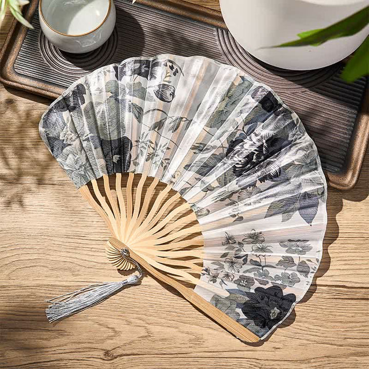 Buddha Stones Elegant Floral Ink Pattern Tassel Chinese Style Bamboo Folding Fan 21 cm - image 9