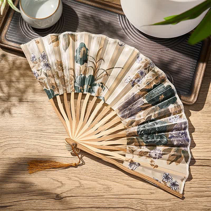 Buddha Stones Elegant Floral Ink Pattern Tassel Chinese Style Bamboo Folding Fan 21 cm - image 14