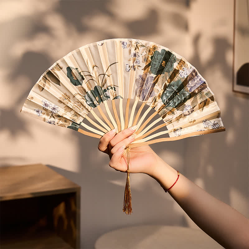 Buddha Stones Elegant Floral Ink Pattern Tassel Chinese Style Bamboo Folding Fan 21 cm - Simple Shape Beige Fan(Closed Size: Approx. 21 cm / 8.3 in) - image 13