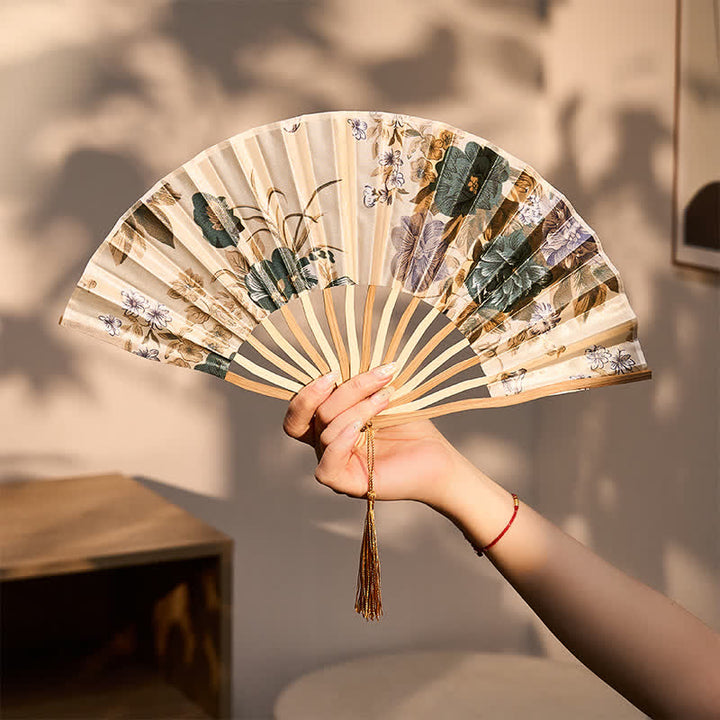 Buddha Stones Elegant Floral Ink Pattern Tassel Chinese Style Bamboo Folding Fan 21 cm - Simple Shape Beige Fan(Closed Size: Approx. 21 cm / 8.3 in) - image 13