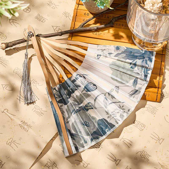 Buddha Stones Elegant Floral Ink Pattern Tassel Chinese Style Bamboo Folding Fan 21 cm - image 23