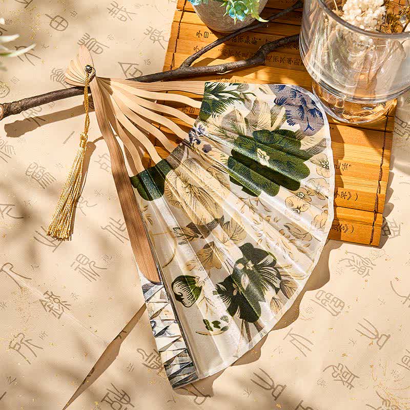 Buddha Stones Elegant Floral Ink Pattern Tassel Chinese Style Bamboo Folding Fan 21 cm - image 3