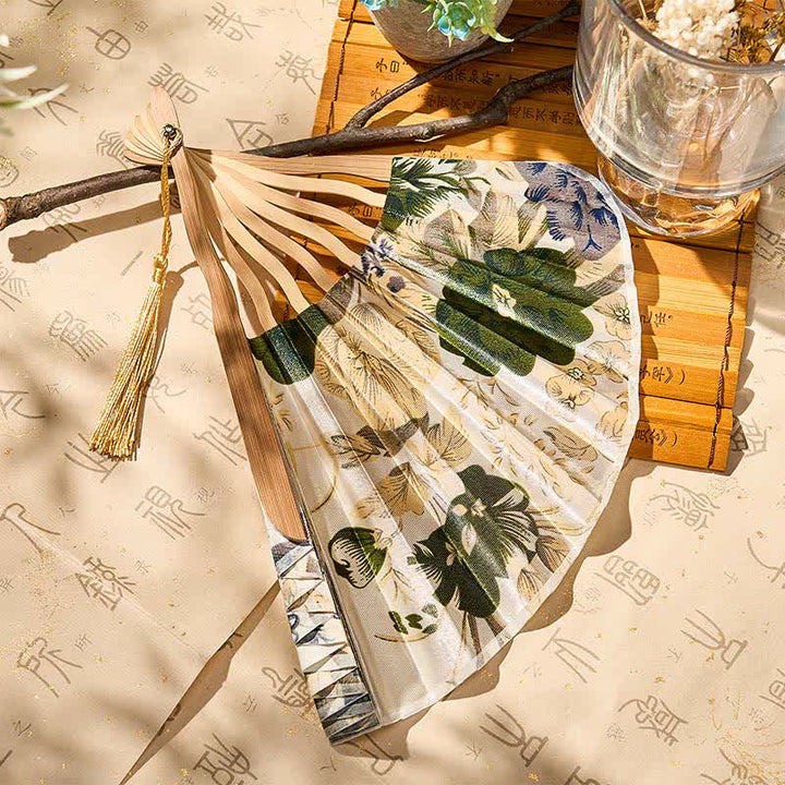 Buddha Stones Elegant Floral Ink Pattern Tassel Chinese Style Bamboo Folding Fan 21 cm - image 3