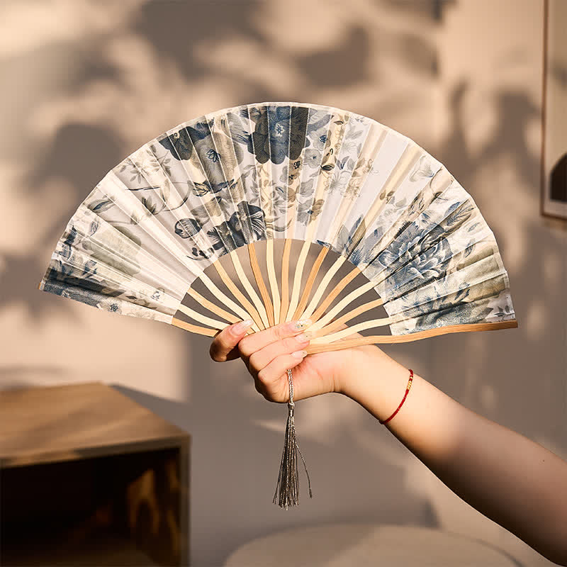 Buddha Stones Elegant Floral Ink Pattern Tassel Chinese Style Bamboo Folding Fan 21 cm - Simple Shape Gray Fan(Closed Size: Approx. 21 cm / 8.3 in) - image 19