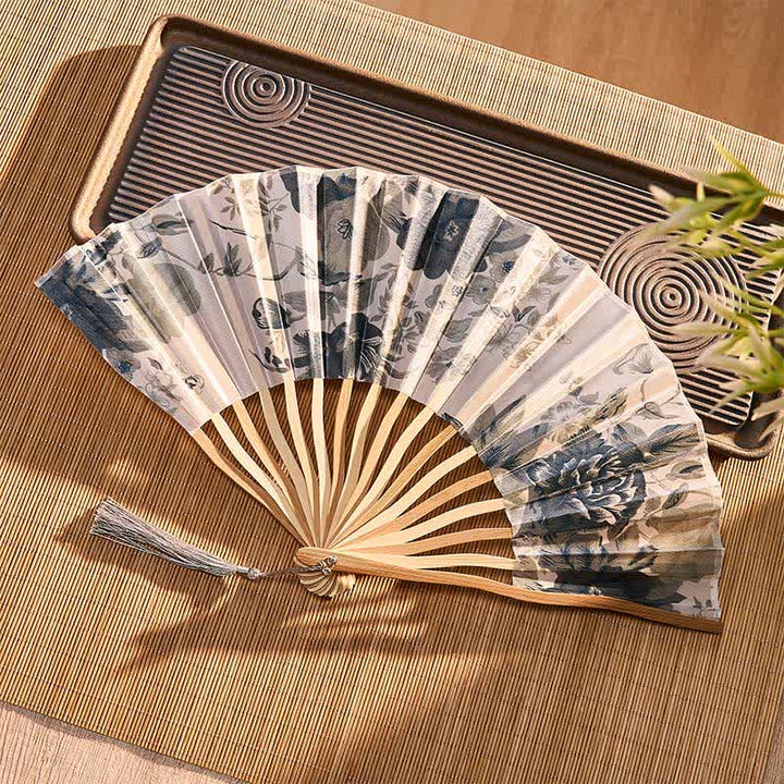Buddha Stones Elegant Floral Ink Pattern Tassel Chinese Style Bamboo Folding Fan 21 cm - image 20