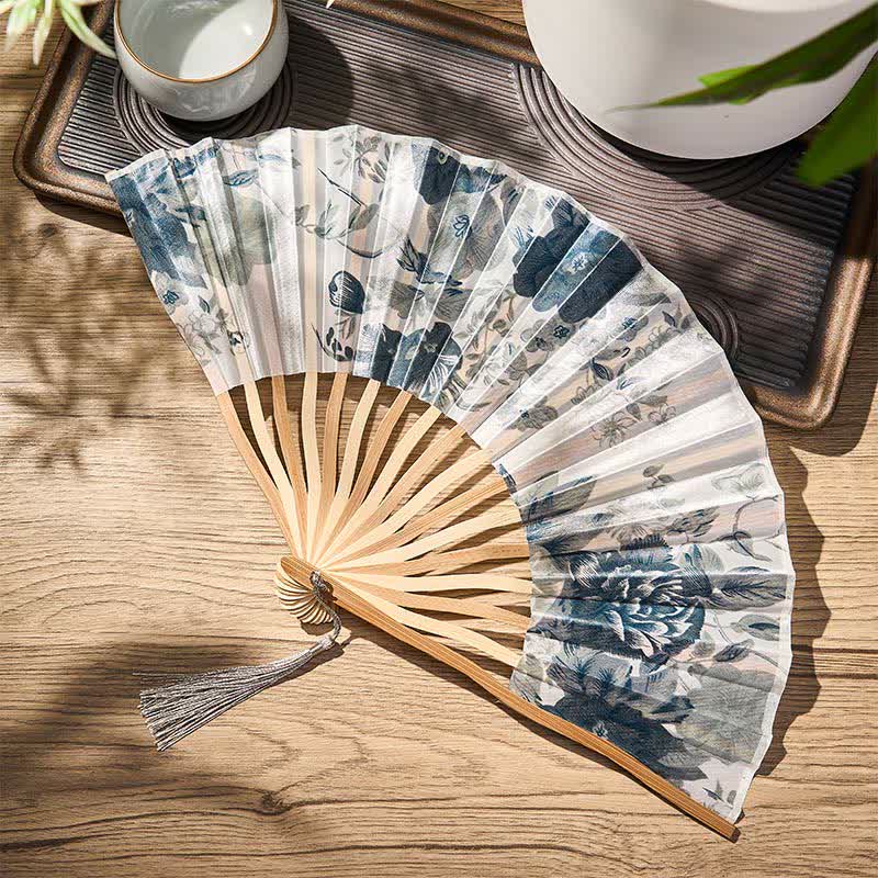 Buddha Stones Elegant Floral Ink Pattern Tassel Chinese Style Bamboo Folding Fan 21 cm - image 22