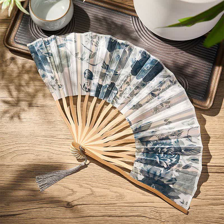 Buddha Stones Elegant Floral Ink Pattern Tassel Chinese Style Bamboo Folding Fan 21 cm - image 22