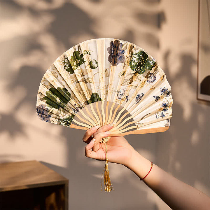 Buddha Stones Elegant Floral Ink Pattern Tassel Chinese Style Bamboo Folding Fan 21 cm - Beige Floral Fan(Closed Size: Approx. 21 cm / 8.3 in) - image 0