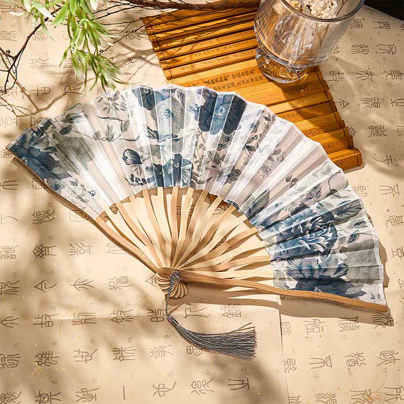 Buddha Stones Elegant Floral Ink Pattern Tassel Chinese Style Bamboo Folding Fan 21 cm - image 24