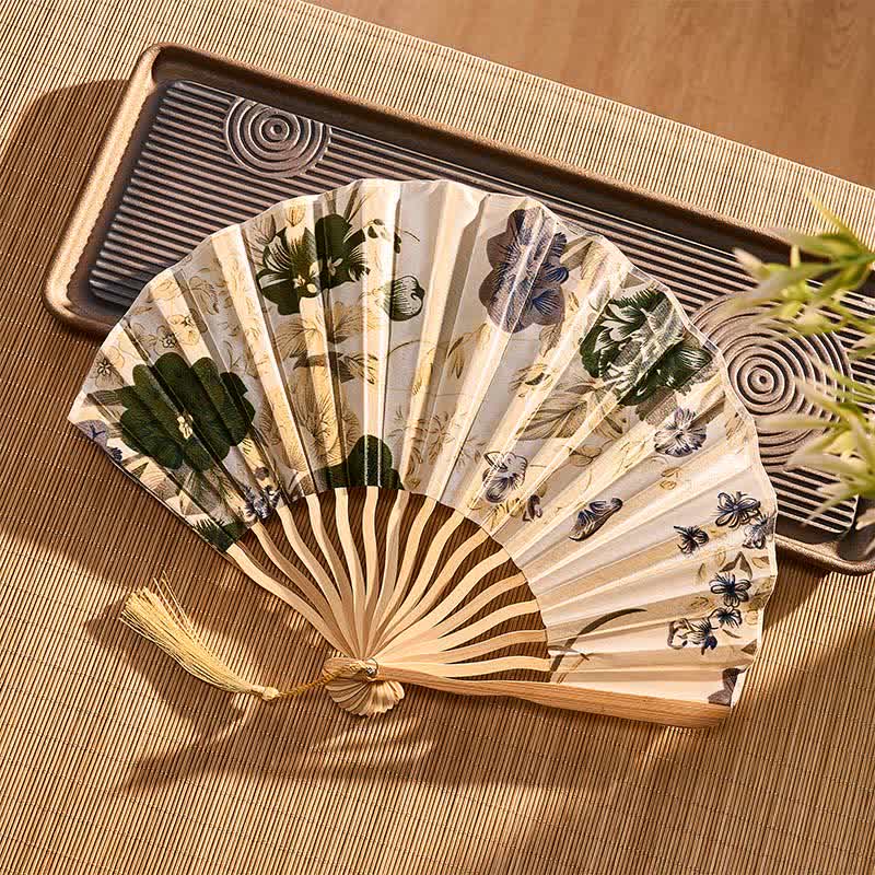 Buddha Stones Elegant Floral Ink Pattern Tassel Chinese Style Bamboo Folding Fan 21 cm - image 4
